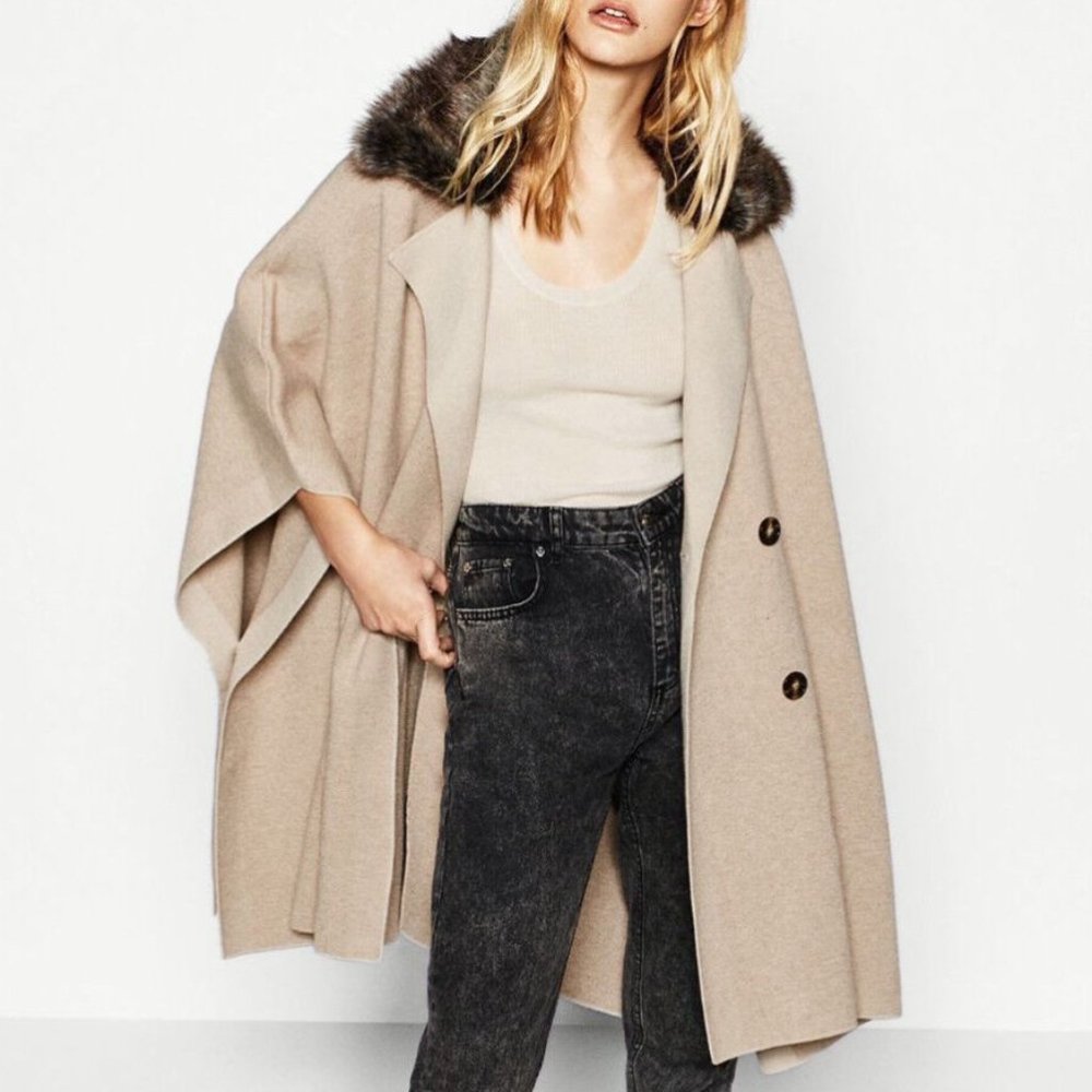Zara Knit Double Breasted Cape Faux Fur Collar